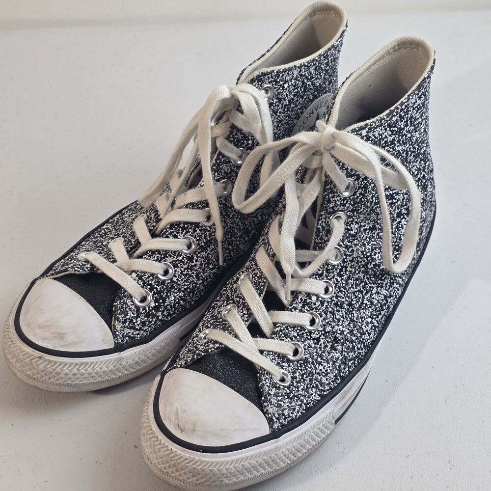 Converse Platform High Top Sneakers Chuck Taylor Glittery Silver Black Womens 9 - Picture 6 of 8